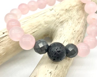 Rose Quartz Matte Hematite and Black Lava Stone Stackable Stretch Boho Beaded Bracelet