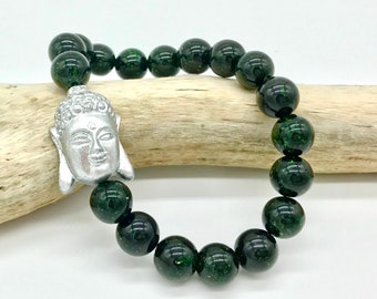 Shimmering Green Goldstone Silver Painted Wood Buddha Stackable Beaded Stretch Bracelet for Boho Chic Fashion Yoga Meditation Mindfulness