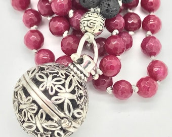 Mala Beads/108 Bead Mala/Yoga Jewelry/Prayer Meditation Beads - Pink Jade Essential Oil Diffuser Pendant Black Lava Tibetan Silver