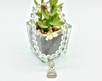 Sparkling Quartz Crystal Silver Buddha Charm Stackable Beaded Stretch Bracelet for Boho Chic Fashion Yoga Meditation Mindfulness