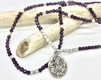 Yoga Jewelry/Ganesha Necklace - Amethyst Purple and Silver Swarovski Beads, Tibetan Silver Two-Sided Ganesha Pendant
