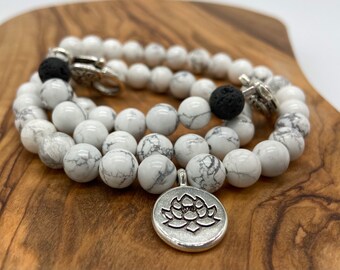 Beaded Mask Chain/Mala Mask Holder/Gemstone Mask Lanyard/Glasses Chain/Mala Necklace - White Howlite, Lava, Silver