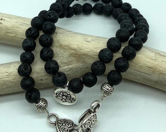 Beaded Mask Chain/Mala Mask Holder/Gemstone Mask Lanyard/Glasses Chain/Mala Necklace - Lava & Tibetan Silver
