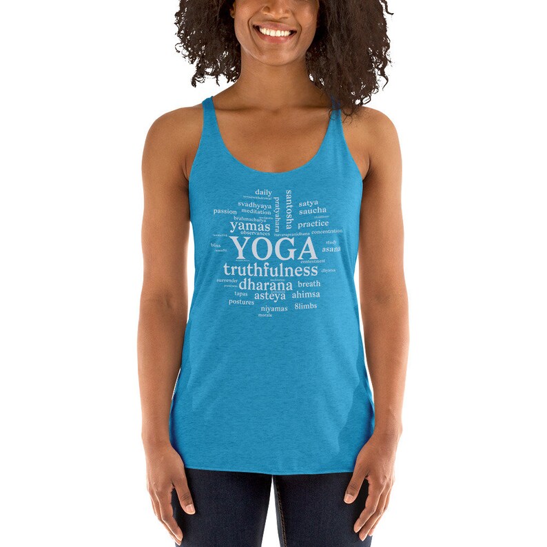 May include: A turquoise blue tank top with a white word cloud design that includes the word "YOGA" and other related terms like "truthfulness", "dharana", and "ahimsa".