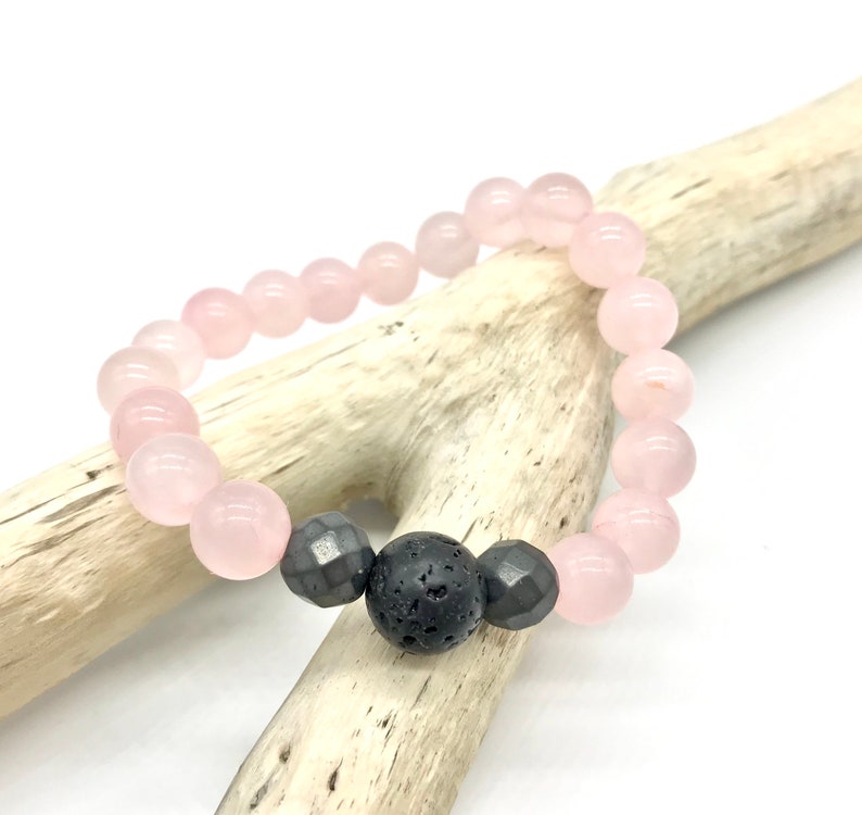 Rose Quartz Matte Hematite and Black Lava Stone Stackable Stretch Boho Beaded Bracelet
