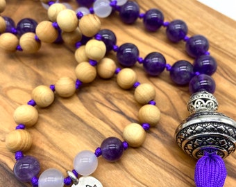 Mala Beads/108 Bead Mala/Tassel Necklace/Yoga Jewelry/Prayer Meditation Beads -Purple Amethyst, White Agate, Cedar Wood, Tibetan Silver