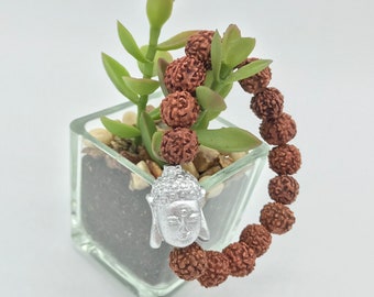 Brown Rudraksha Seed Stretch Protection Bracelet with Silver Painted Wood Buddha Bead for Boho Chic Fashion Yoga Meditation Mindfulness