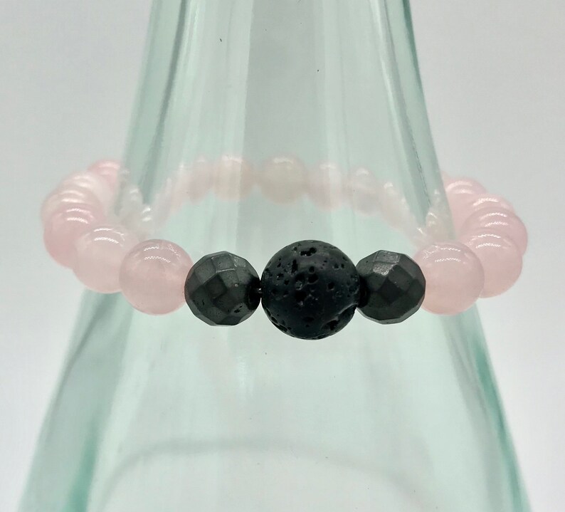 Rose Quartz Matte Hematite and Black Lava Stone Stackable Stretch Boho Beaded Bracelet
