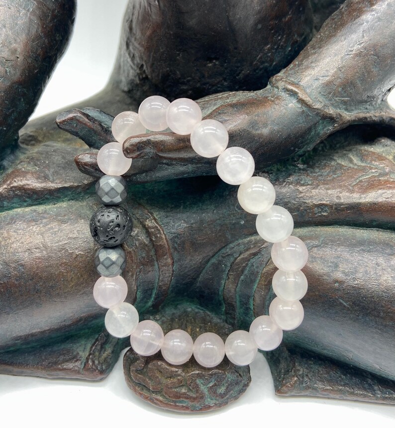 Rose Quartz Matte Hematite and Black Lava Stone Stackable Stretch Boho Beaded Bracelet