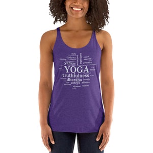 May include: Purple tank top with a white word cloud design that includes the word "yoga" and other related terms like "truthfulness", "dharana", and "ahimsa".