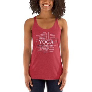 May include: Red tank top with a white word cloud design that includes the word "YOGA" and other related terms like "truthfulness", "dharana", and "ahimsa".