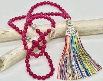 Mala Beads/108 Bead Mala/Tassel Necklace/Yoga Jewelry/Prayer Meditation Beads -Pink Jade, Silver, Rainbow Tassel, Lotus Charm
