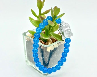 Teal Blue Glass Silver Painted Wood Buddha Head Stackable Beaded Stretch Bracelet for Boho Chic Fashion Yoga Meditation Mindfulness