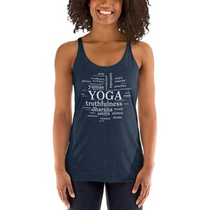 May include: A navy blue tank top with a white word cloud design that includes the word "YOGA" and related terms like "truthfulness", "dharana", and "ahimsa".