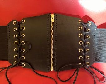Black Leather Corset Belt with Zipper