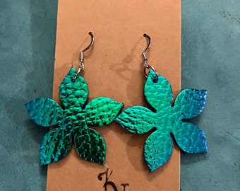 Leather Iridescent Flower Petal Earrings