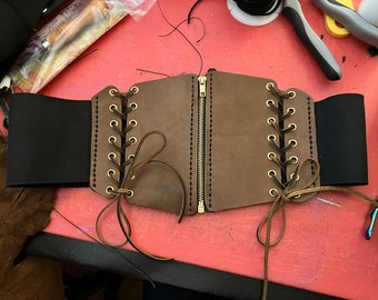 Brown Leather Corset Belt with Zipper