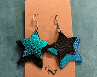 Leather Iridescent Double Star Earrings