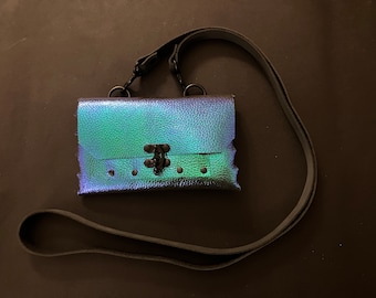 Blue Green Purple Iridescent Leather Purse/Belt Pouch Medium