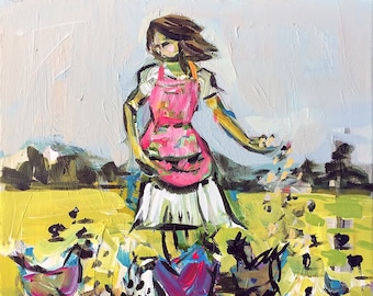 PRINT on Paper or Canvas, "Feeding the Chickens"
