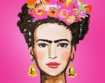 PRINT on Paper or Canvas, "Frida with Roses, Pink Glow"