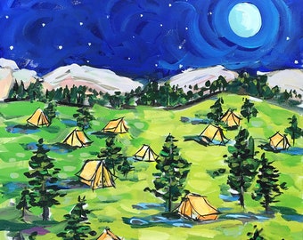 Campsite PRINT on Paper or Canvas, "Blue Moon"