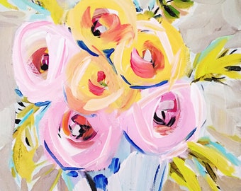 PRINT on Paper or Canvas, "Pink and Yellow Roses"