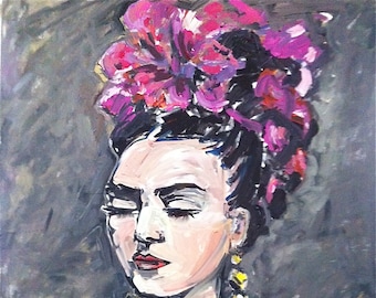 PRINT on Paper or Canvas, "Frida Con Rosas"