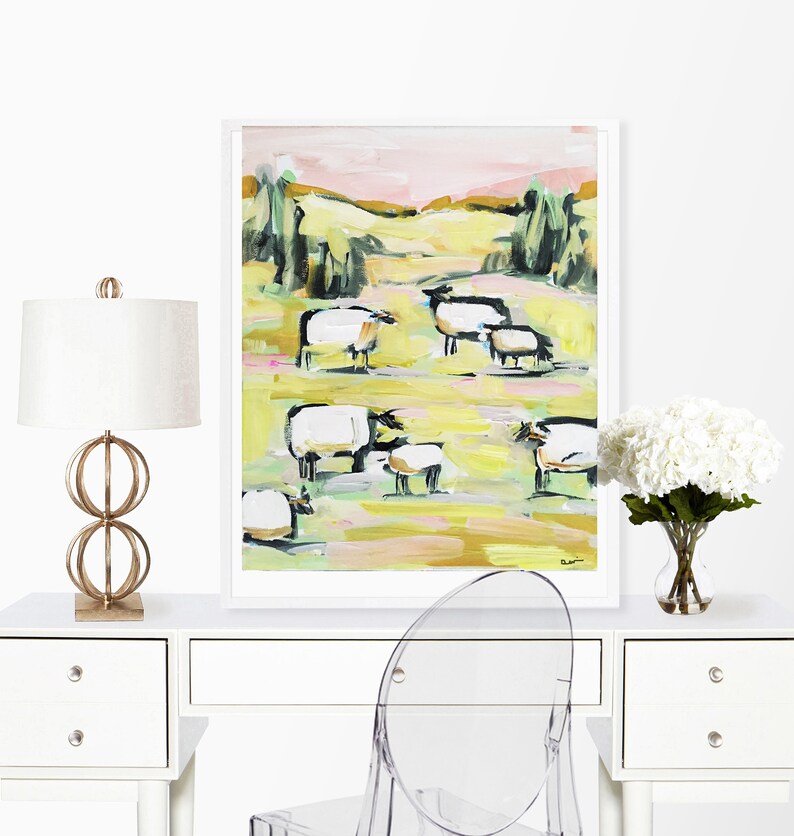 PRINT on Paper or Canvas, Sheep with Pink image 3