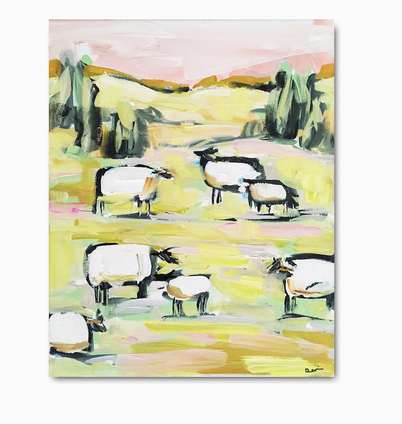 PRINT on Paper or Canvas, Sheep with Pink image 1