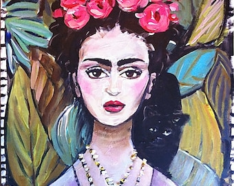 PRINT on Paper or Canvas, "Frida con Gato"
