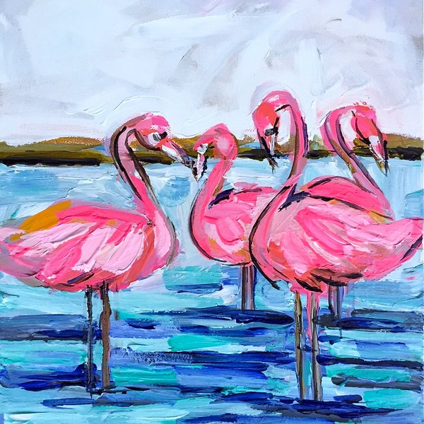 Pink Flamingo Canvas Painting pink navy aqua