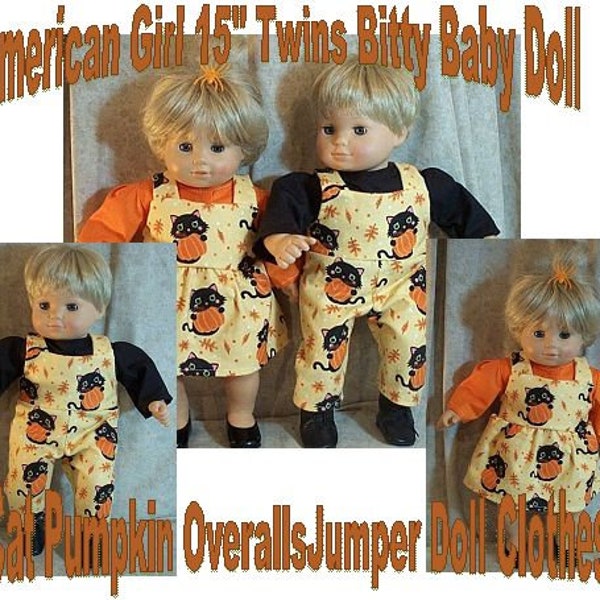 Doll Clothes Baby Made2 Fit American Girl Boy 15" Bitty Overalls Jumper Shirt Halloween Cats Pumpkins