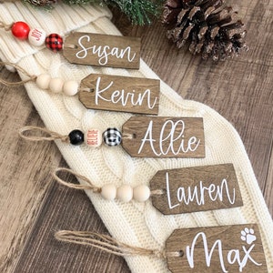 Beaded Wooden Christmas Stocking Name Tag, Personalized Stocking Tag, Wooden Name Gift Tag, Farmhouse Christmas Tag, Tags for Stockings