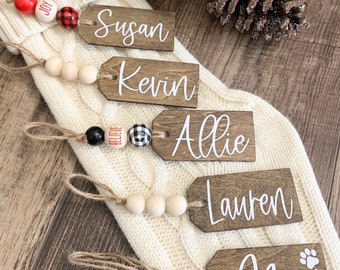 Beaded Wooden Christmas Stocking Name Tag, Personalized Stocking Tag, Wooden Name Gift Tag, Farmhouse Christmas Tag, Tags for Stockings