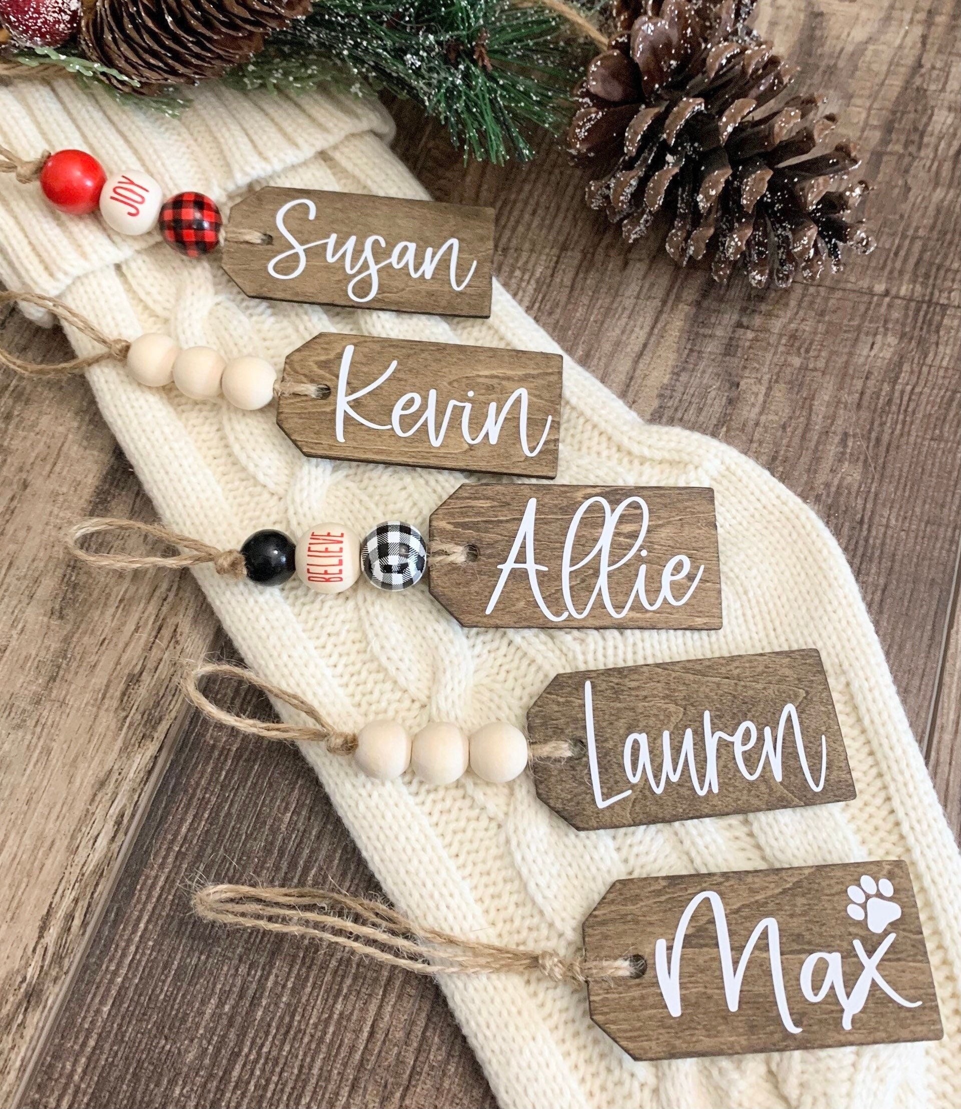 Beaded Wooden Christmas Stocking Name Tag, Personalized Stocking Tag, Wooden Name Gift Tag, Farmhouse Christmas Tag, Tags for Stockings
