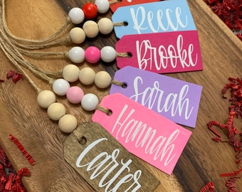 Valentine’s Day Name Tag, Valentine’s Heart Tag, Beaded, Custom Personalized Name, Modern Farmhouse Valentine’s Day Basket Tag