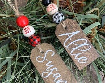 Stocking Name Tags Wooden Custom Personalized, Modern Farmhouse Christmas Tags, Rustic Christmas, Gift Tag, Handmade Beaded