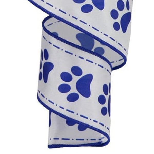 Blue white paw WIRED ribbon, paw print ribbon, 2.5" ribbon, Paw print ribbon, blue white ribbon wreath ribbon football ribbon for bows