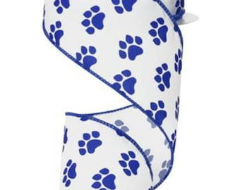 Blue Paw Print Wired Ribbon - 2" Satin Craft Ribbon