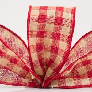 Woven Check Ribbon: Red & Beige, 2.5&quot; Wired Ribbon for Wreaths, bows, decor Ships Free!