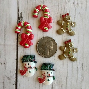Christmas Flat Back Resin Cabochons: Snowman, Candy Cane, Gingerbread - 6pcs