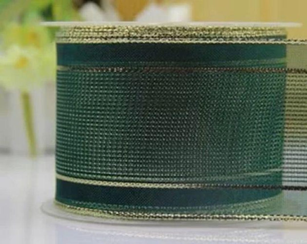 Christmas Green Wired Ribbon: Gold Edging, 2.5