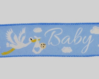 Baby Boy Stork Ribbon, Blue & White Wired Ribbon, 2 Inch