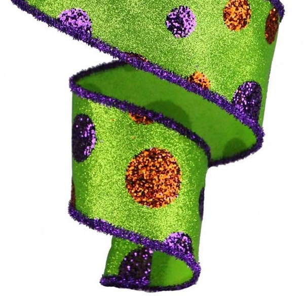 2.5" Glitter Giant Polka Dot Ribbon: Lime, Purple, Orange Ribbon Halloween ribbon