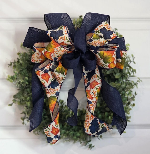 Fall Lantern Bow, Autumn Bow, Fall Wreath Bow, Farmhouse Bow, Blue & Orange fall bow, Everyday Bow, Thanksgiving Bow