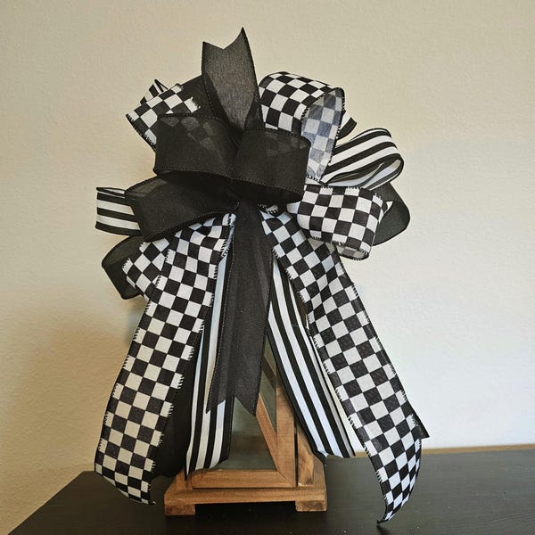Black Bow, White Bow, Checkered Bow, Wreath Bow, Lantern Bow, Race Car Bow for Wreath, Wreath Bow, Wired Ribbon, lantern bow