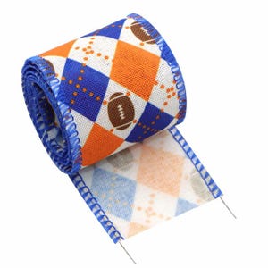 2" Wired Football Ribbon: Blue Orange Argyle Pattern