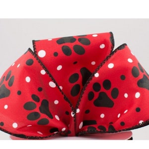 2" Wired Ribbon: Red, White, Black Paw Print Polka Dot