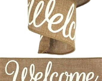 Welcome Wired Ribbon, Natural Linen, 2 Inch, Farmhouse Decor